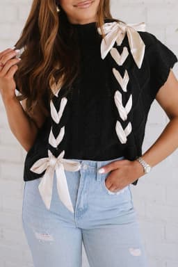image-Black Cable Knit Colorblock Sweater Bowknot