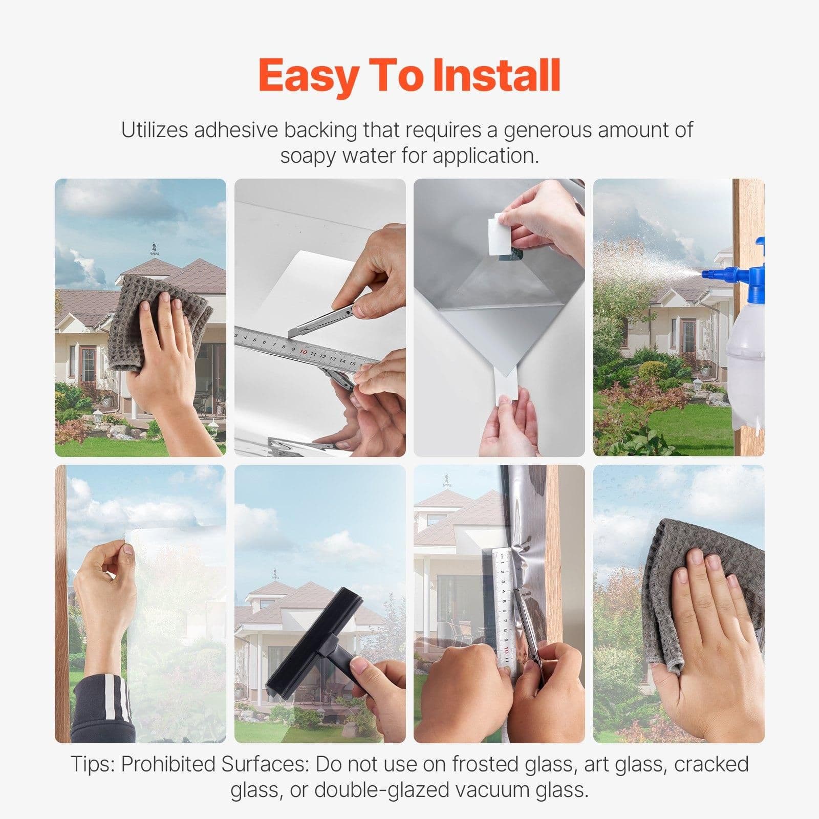 image-VEVOR Window Privacy Film, One Way Window Tint, Privacy Mirror Reflective Film, Sun Blocking Heat Control Glass, Self-Adhesive, See out Not in Window Film for Home and Office, Silver, 36 in x 49.3 ft