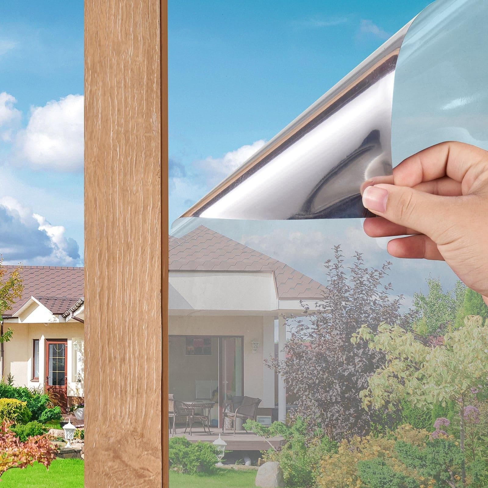 image-VEVOR Window Privacy Film, One Way Window Tint, Privacy Mirror Reflective Film, Sun Blocking Heat Control Glass, Self-Adhesive, See out Not in Window Film for Home and Office, Silver, 36 in x 49.3 ft