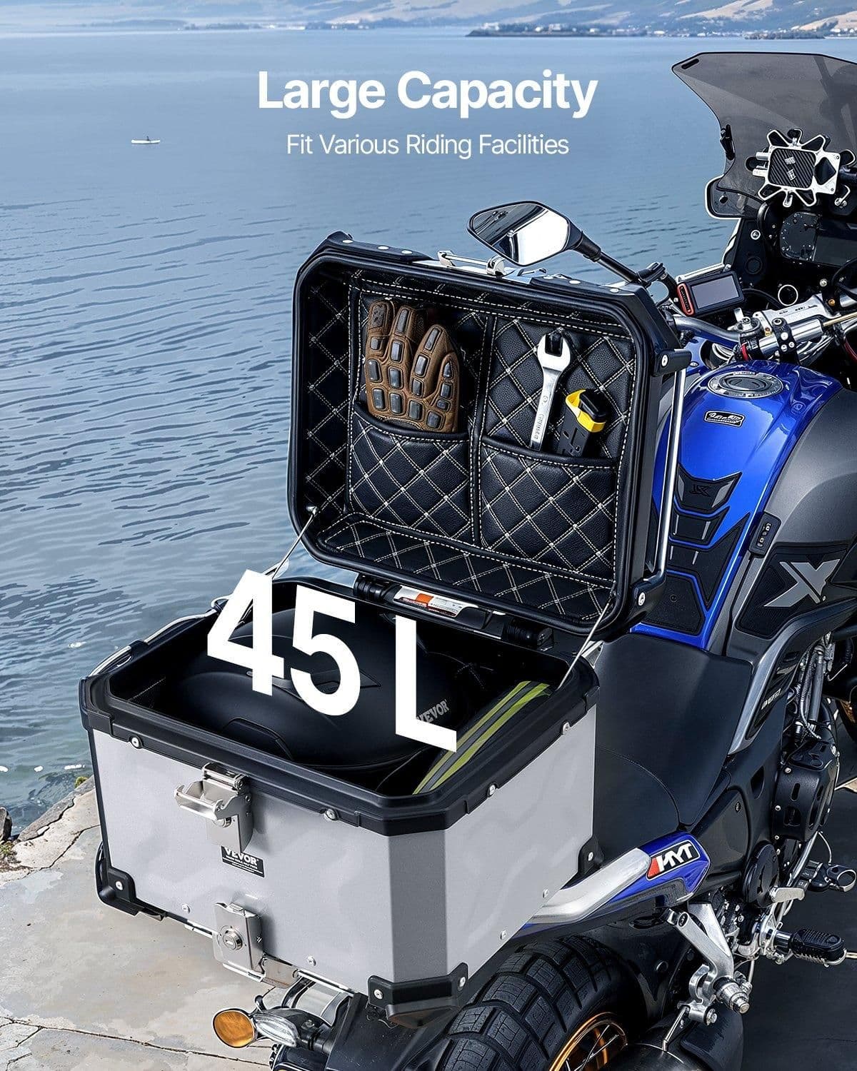 image-VEVOR Motorcycle Top Case, Universal Aluminum Alloy Motorbike Tail Box with Leather Lining, 45L Waterproof Detachable Motorcycle Top Box with Lock & Back Cushion, Fit for 99% of Motorcycle Frames