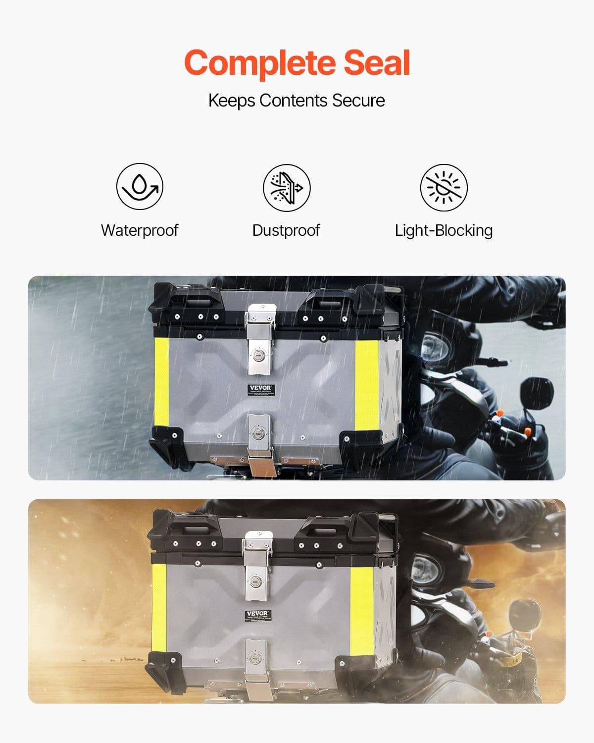 image-VEVOR Motorcycle Top Case, Universal Aluminum Alloy Motorbike Tail Box with Leather Lining, 45L Waterproof Detachable Motorcycle Top Box with Lock & Back Cushion, Fit for 99% of Motorcycle Frames