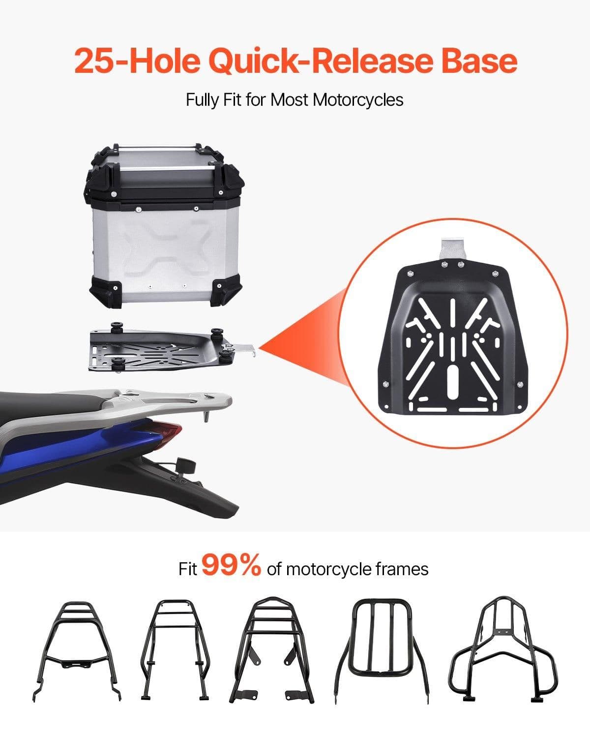 image-VEVOR Motorcycle Top Case, Universal Aluminum Alloy Motorbike Tail Box with Leather Lining, 45L Waterproof Detachable Motorcycle Top Box with Lock & Back Cushion, Fit for 99% of Motorcycle Frames