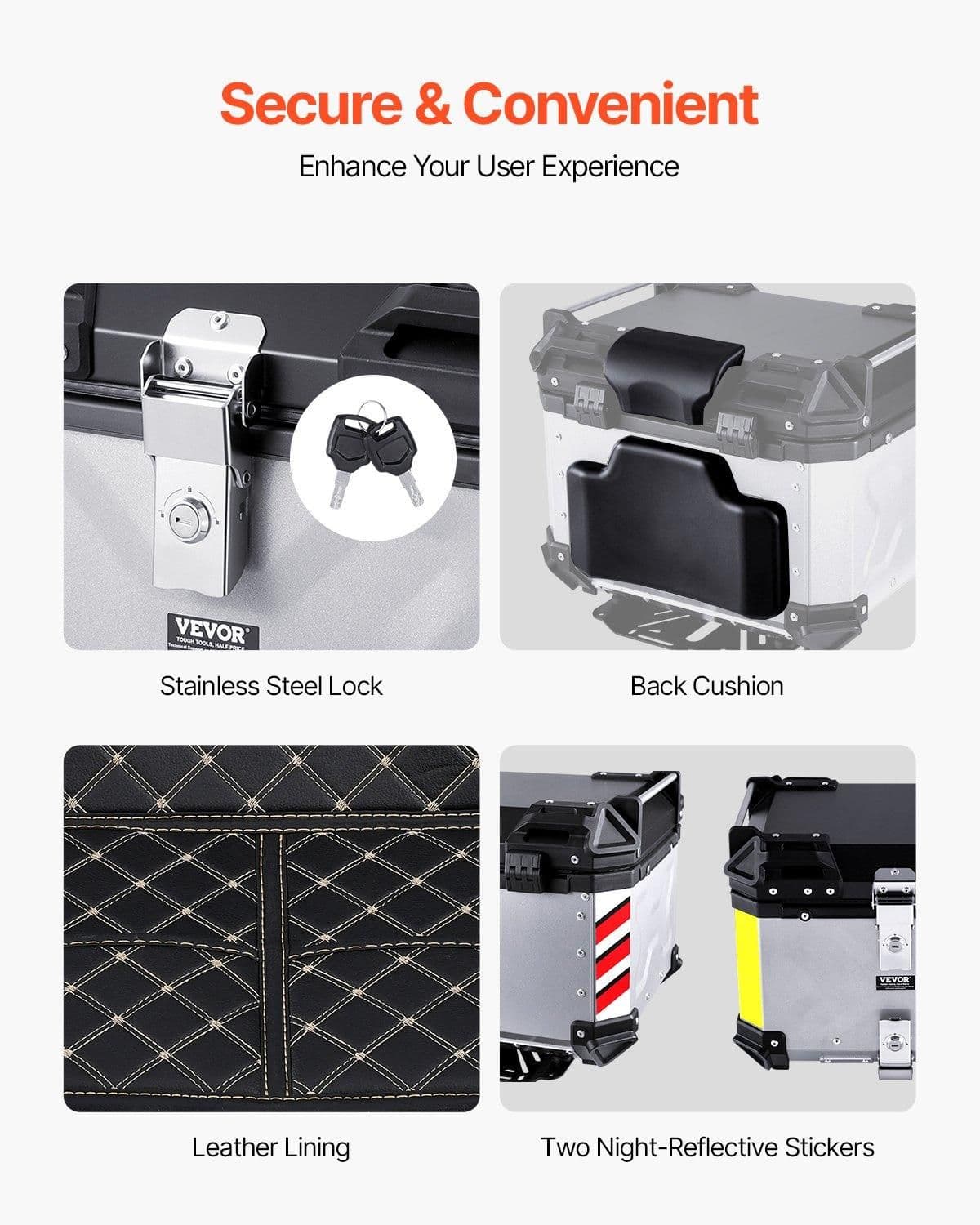 image-VEVOR Motorcycle Top Case, Universal Aluminum Alloy Motorbike Tail Box with Leather Lining, 45L Waterproof Detachable Motorcycle Top Box with Lock & Back Cushion, Fit for 99% of Motorcycle Frames