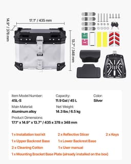 image-VEVOR Motorcycle Top Case, Universal Aluminum Alloy Motorbike Tail Box with Leather Lining, 45L Waterproof Detachable Motorcycle Top Box with Lock & Back Cushion, Fit for 99% of Motorcycle Frames
