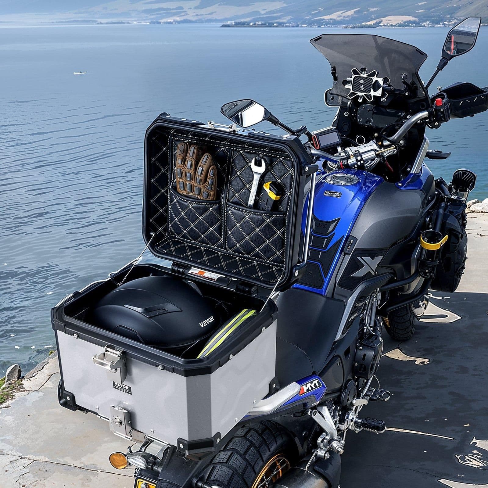 image-VEVOR Motorcycle Top Case, Universal Aluminum Alloy Motorbike Tail Box with Leather Lining, 45L Waterproof Detachable Motorcycle Top Box with Lock & Back Cushion, Fit for 99% of Motorcycle Frames