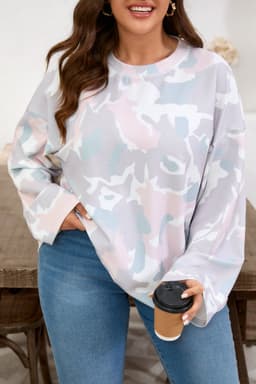 image-Green Plus Size Camouflage Print Drop Shoulder Pullover