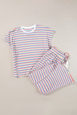 image-Pink Stripe Rainbow Tee Wide Leg Pants Set