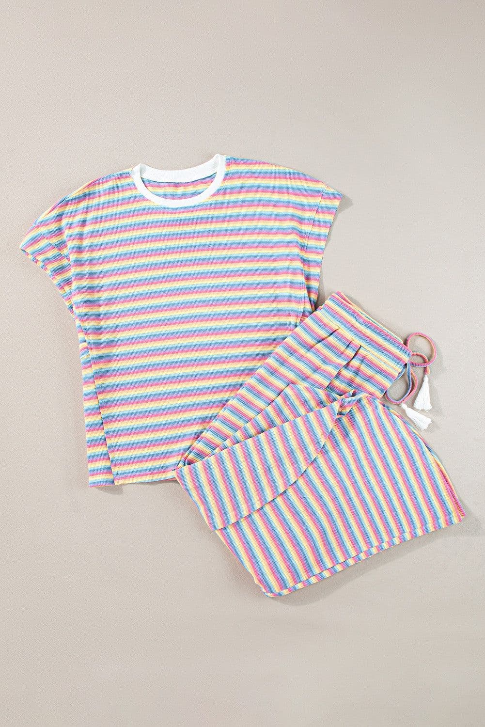 image-Pink Stripe Rainbow Tee Wide Leg Pants Set