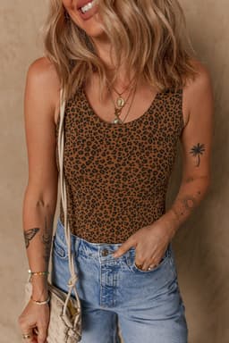 image-Brown Leopard Print Sleeveless Scoop Neck Bodysuit