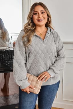 image-Gray Quilted Quarter Zip Plus Size Hoodie