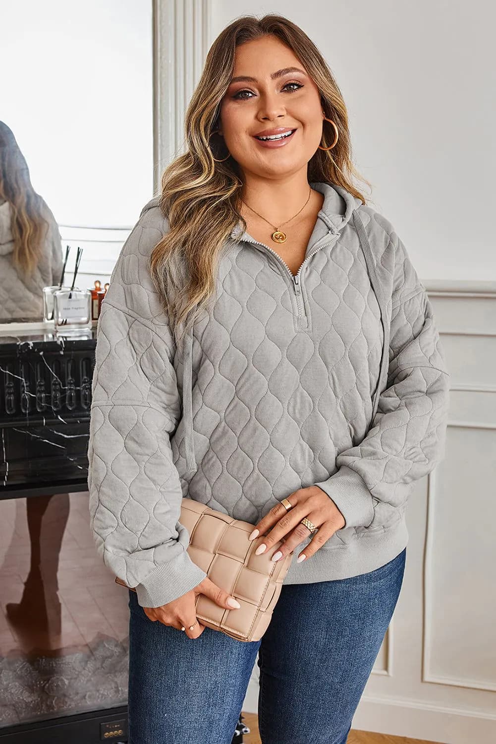 image-Gray Quilted Quarter Zip Plus Size Hoodie
