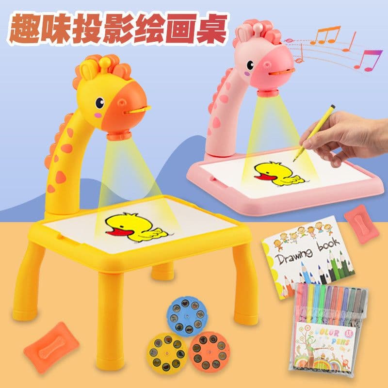 image-Multifunctional projection painting table with sound and light graffiti drawing writing board deer cartoon shape children's toy set