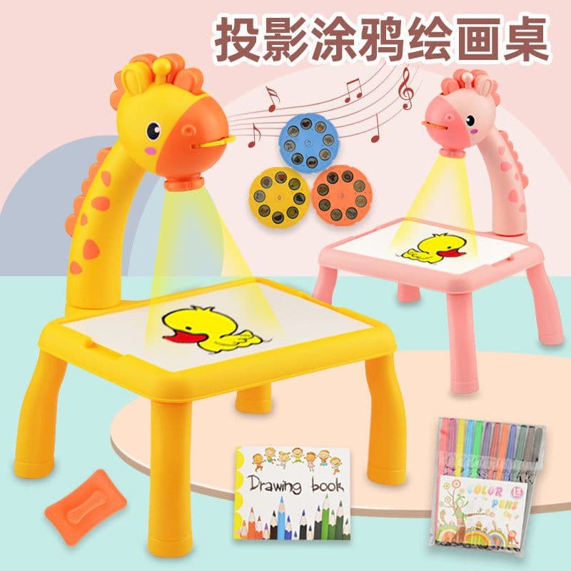 image-Multifunctional projection painting table with sound and light graffiti drawing writing board deer cartoon shape children's toy set