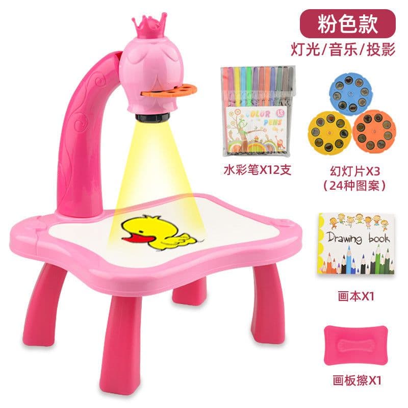 image-Multifunctional projection painting table with sound and light graffiti drawing writing board deer cartoon shape children's toy set