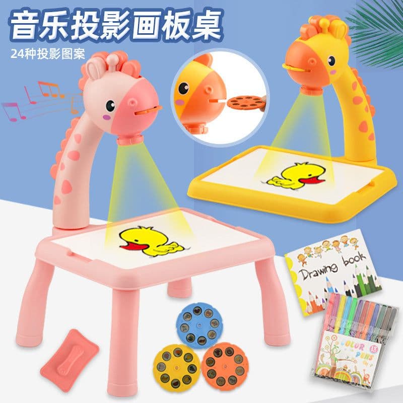 image-Multifunctional projection painting table with sound and light graffiti drawing writing board deer cartoon shape children's toy set