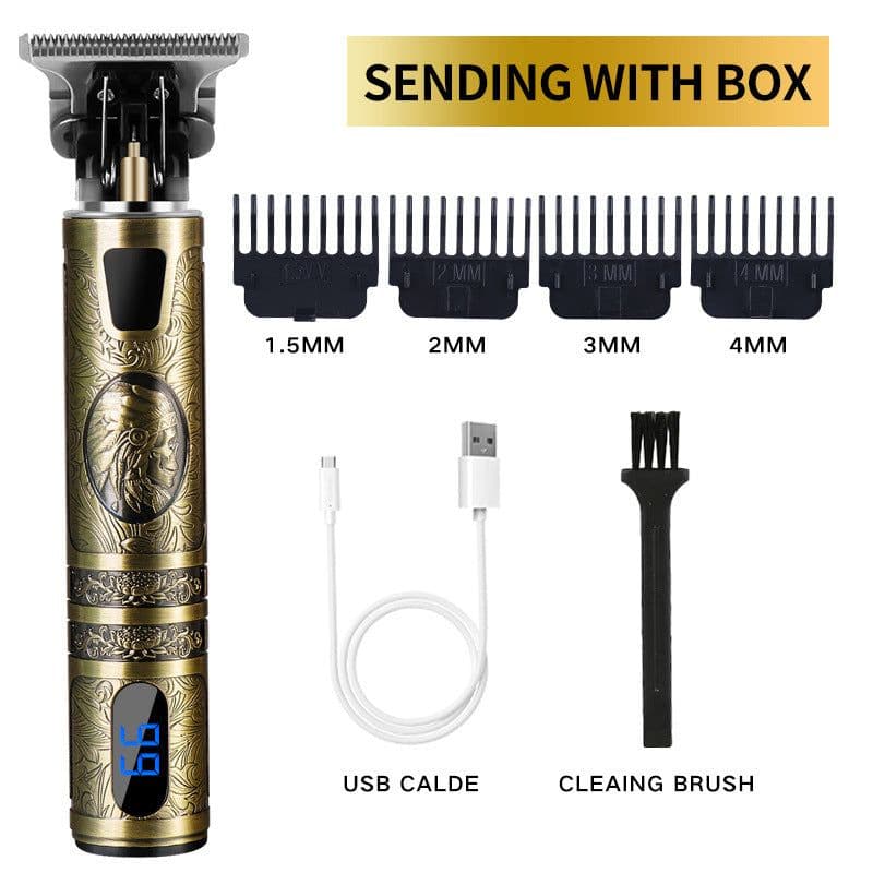 image-Cross-border electric hair clipper with LCD digital display to send cloth electric hair clippers engraving push white retro oil head T9 bald hair clippers
