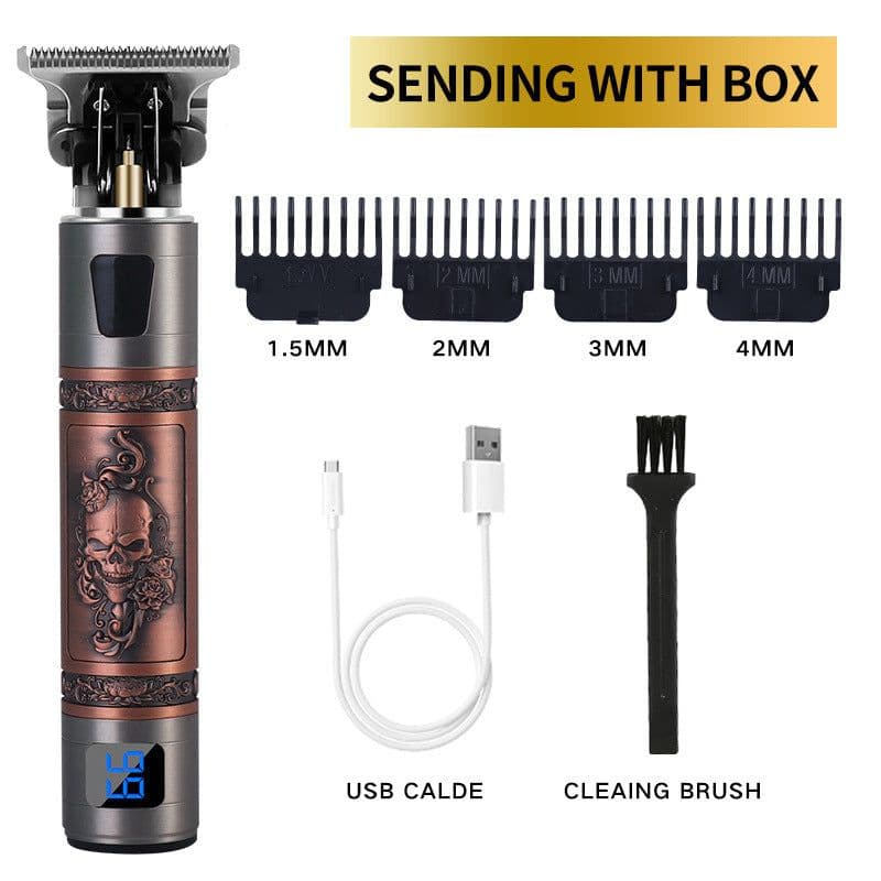 image-Cross-border electric hair clipper with LCD digital display to send cloth electric hair clippers engraving push white retro oil head T9 bald hair clippers