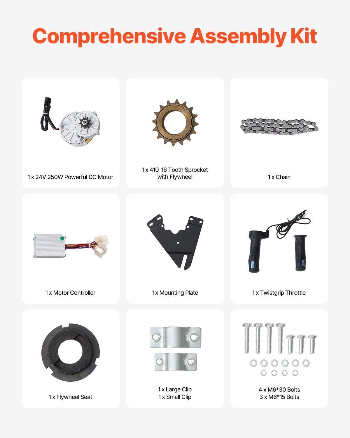 image-VEVOR 250W Electric Powerful DC Motor Kit - 24V 2700rpm Brushed Motor with Upgraded Speed Controller, Throttle Grip Kit for Go Karts E-Bike Motorcycle Scooter