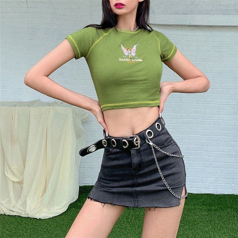 image-European and American fashion 2021wish summer women's new round neck short-sleeved printed slim yoga navel all-match T-shirt