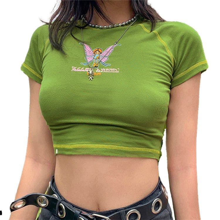 image-European and American fashion 2021wish summer women's new round neck short-sleeved printed slim yoga navel all-match T-shirt