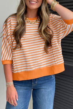 image-Orange Stripe 3/4 Sleeve Patchwork Pullover Top - Casual Fashion Design