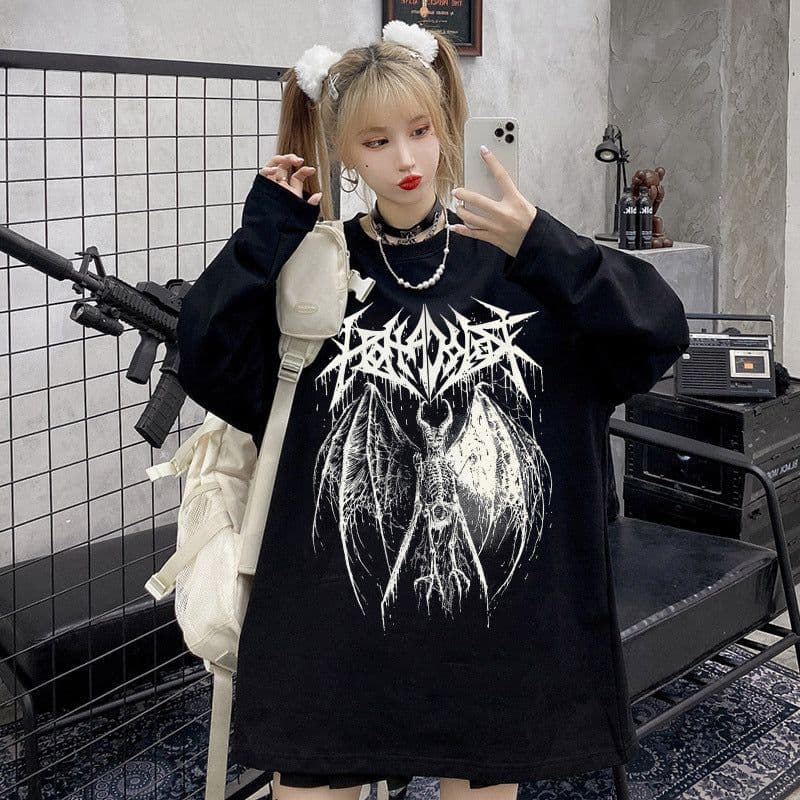 image-AliExpress wish cross-border new long-sleeved round neck loose street dark Harajuku fleece Y2K sweater