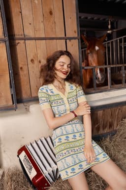 image-Graphic Jacquard Casual Women Vintage 2-IN-1 Dress,Autumn High Waist