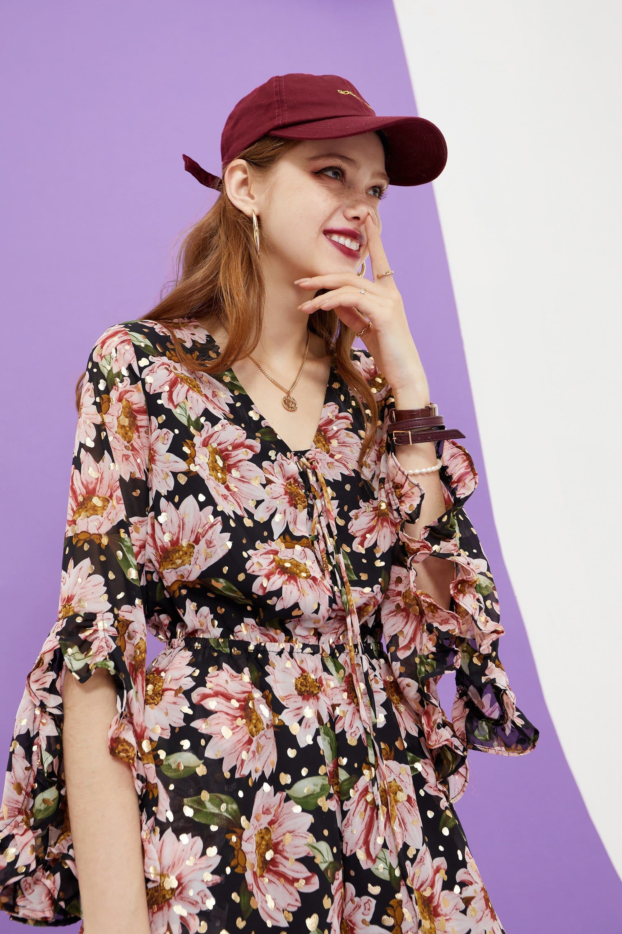 image-Floral Print Casual Women Vintage Dress,Summer Ruffle Full Sleeve