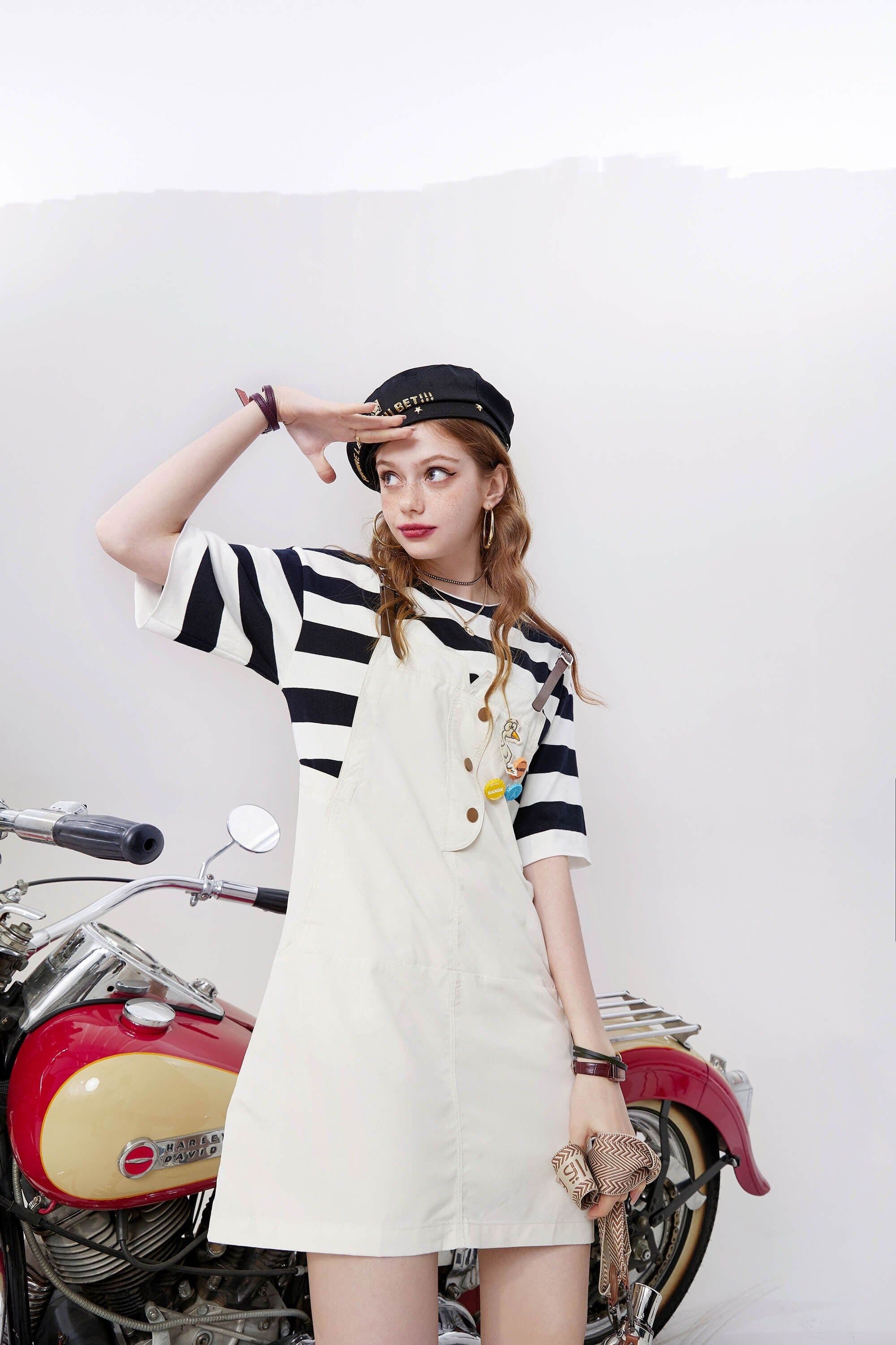 image-Striped Applique High Waist Casual Vintage Overall Dresses