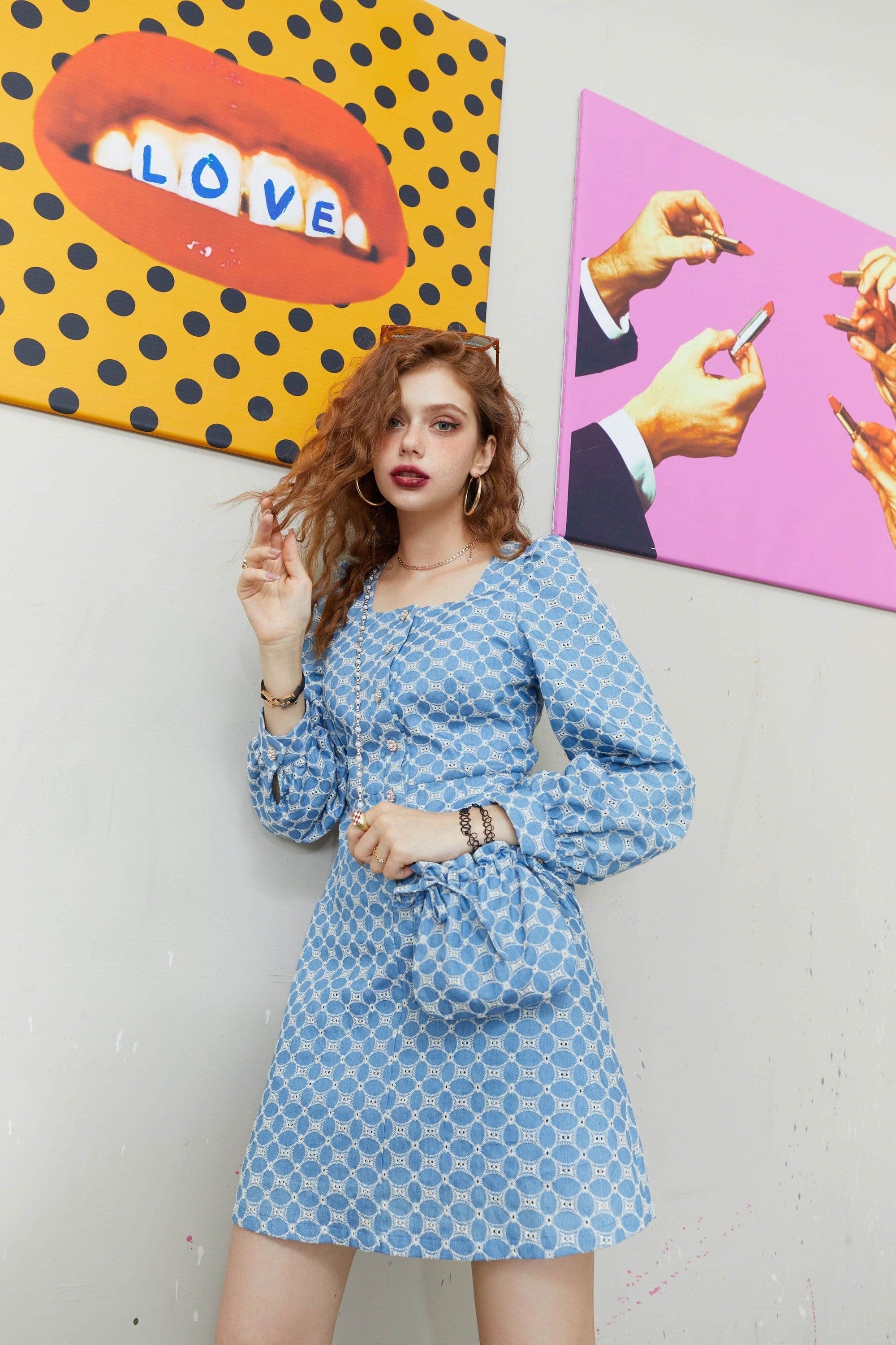 image-Chic Pearls Casual Women Vintage Dress,Autumn High Elastic Waist Full