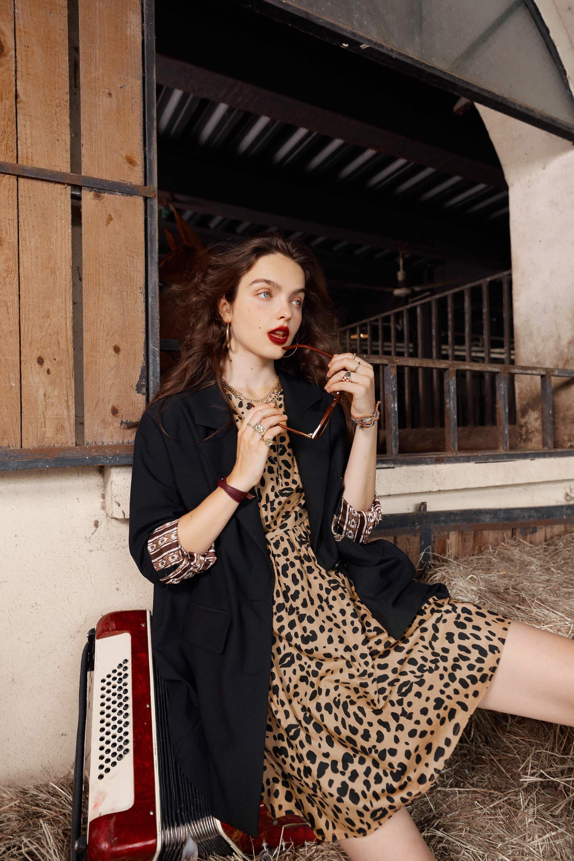 image-Leopard High Waist Casual Vintage Dresses Women,Autumn Short Sleeve