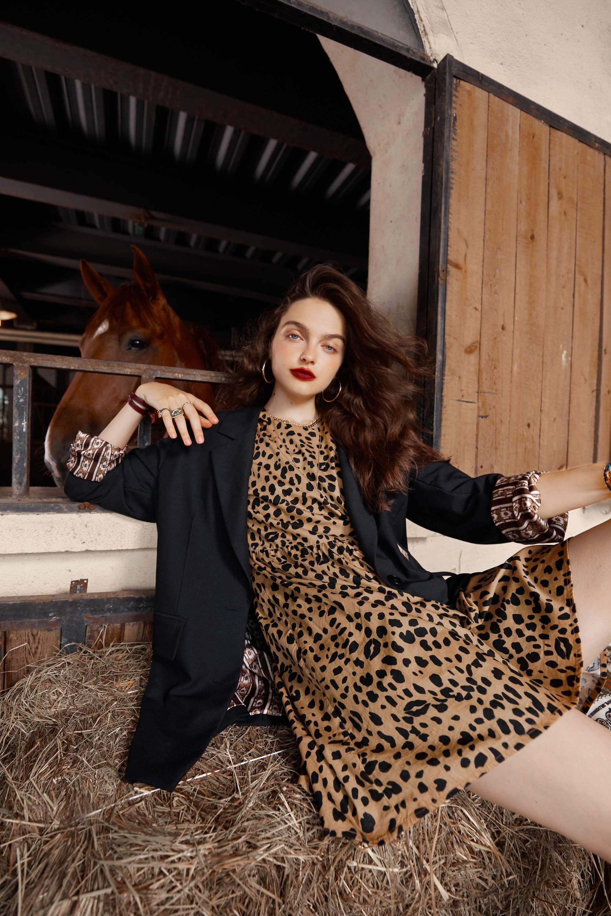 image-Leopard High Waist Casual Vintage Dresses Women,Autumn Short Sleeve