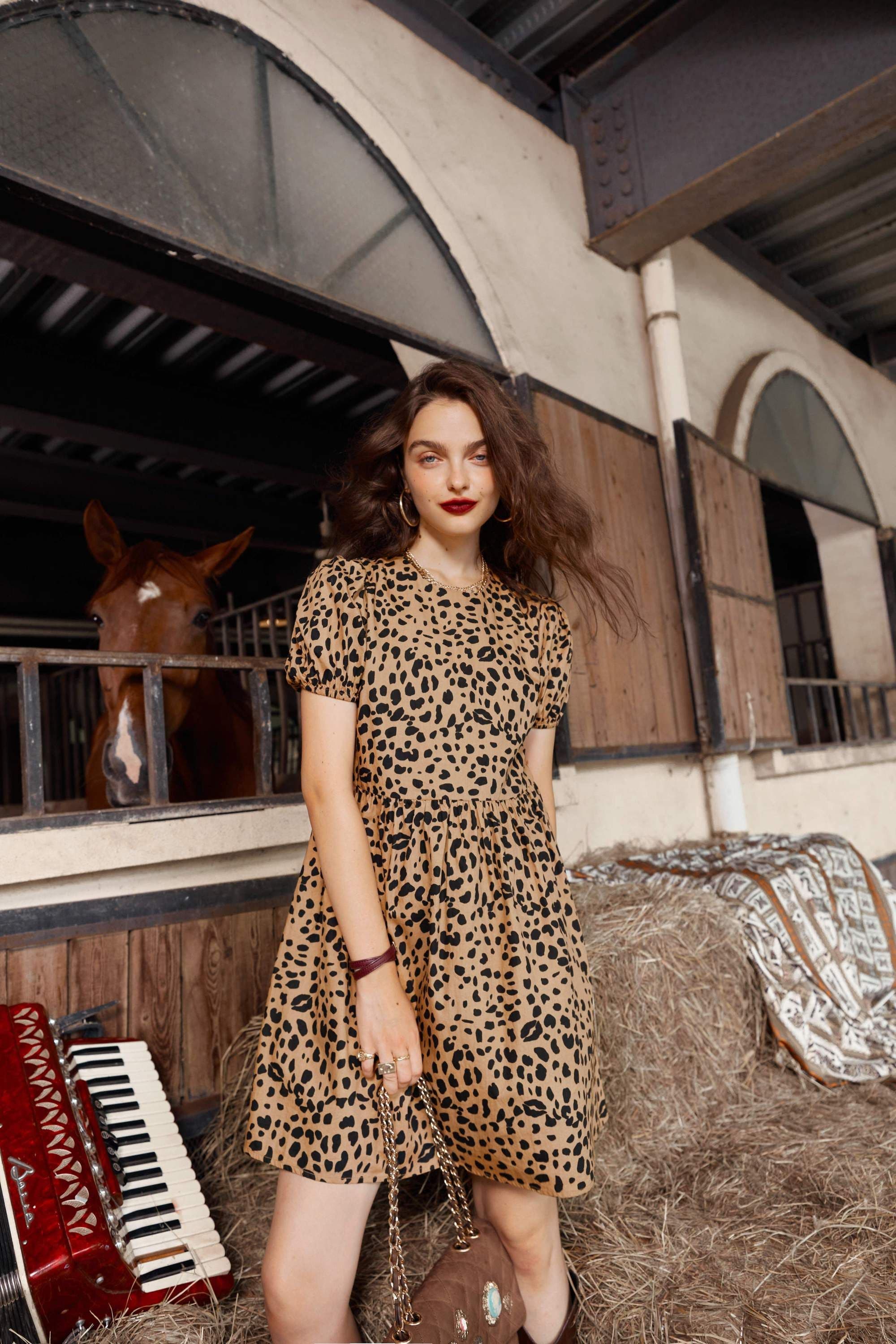 image-Leopard High Waist Casual Vintage Dresses Women,Autumn Short Sleeve