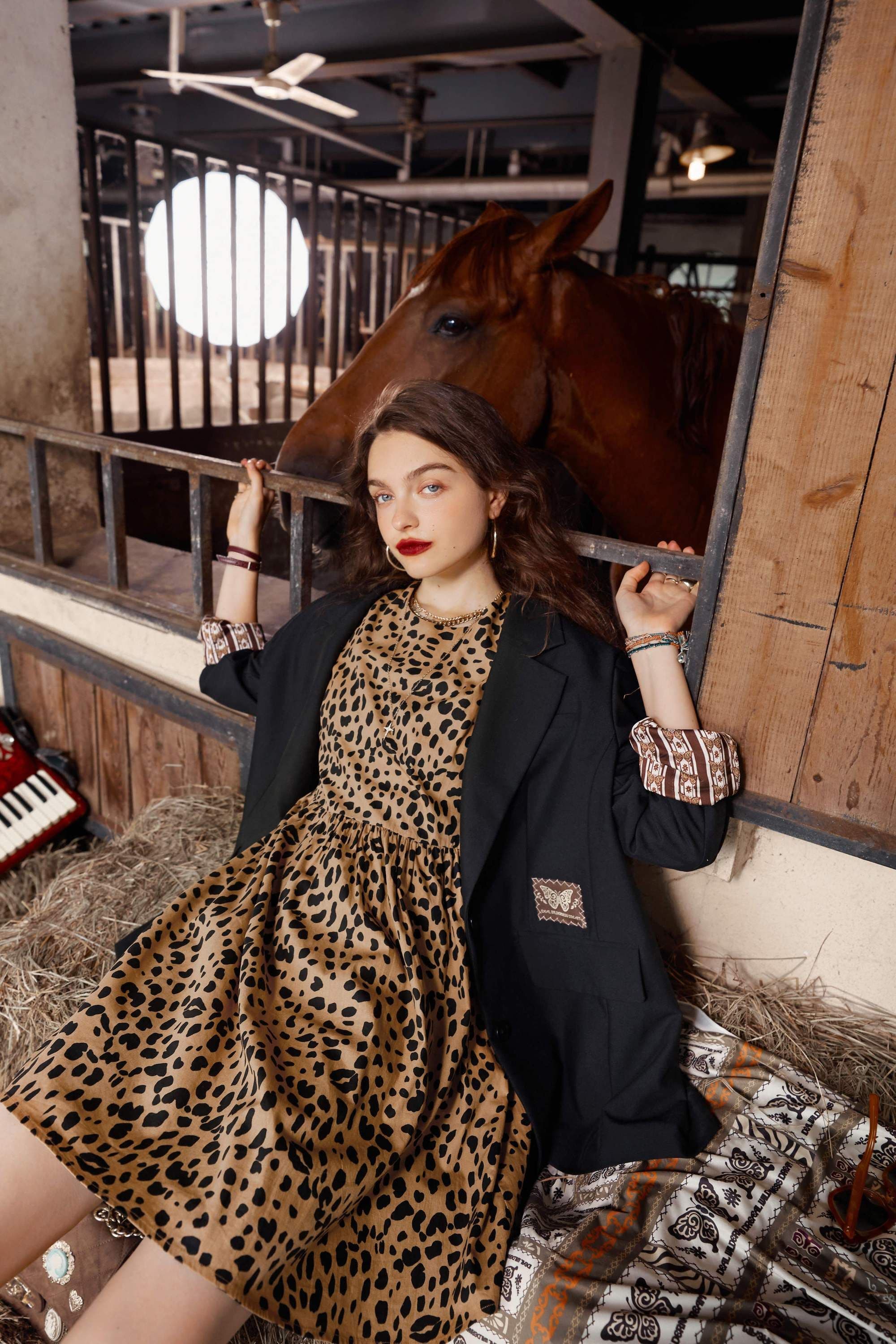 image-Leopard High Waist Casual Vintage Dresses Women,Autumn Short Sleeve
