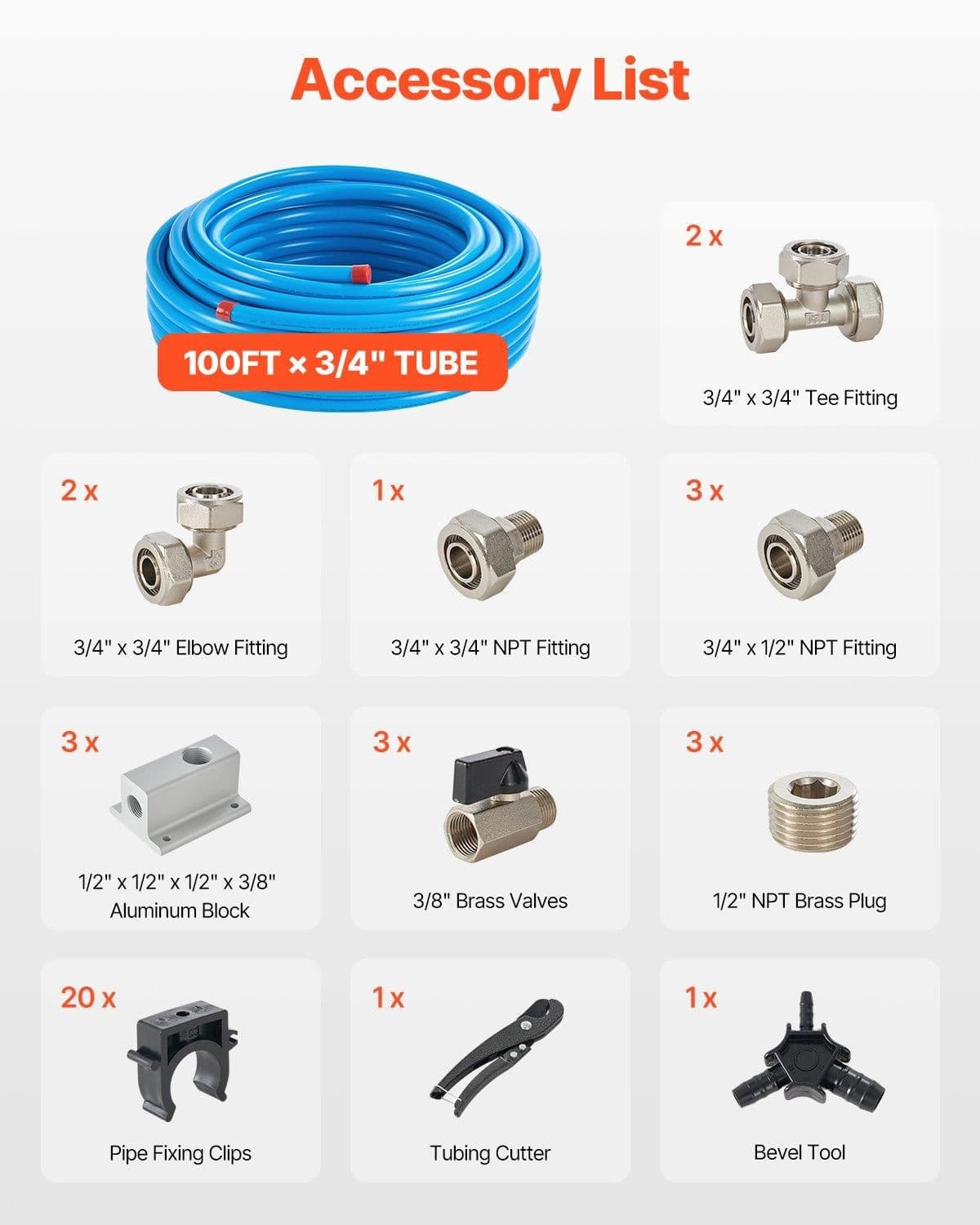 image-VEVOR Air Compressor Line Kit, 100FT x 3/4", HDPE-Aluminum Compressed Air Piping System, Leak-Proof, Pressure-Resistant & Easy-to-Install, Compressed Air Line Tubing Kit for Garages Workshops, Blue