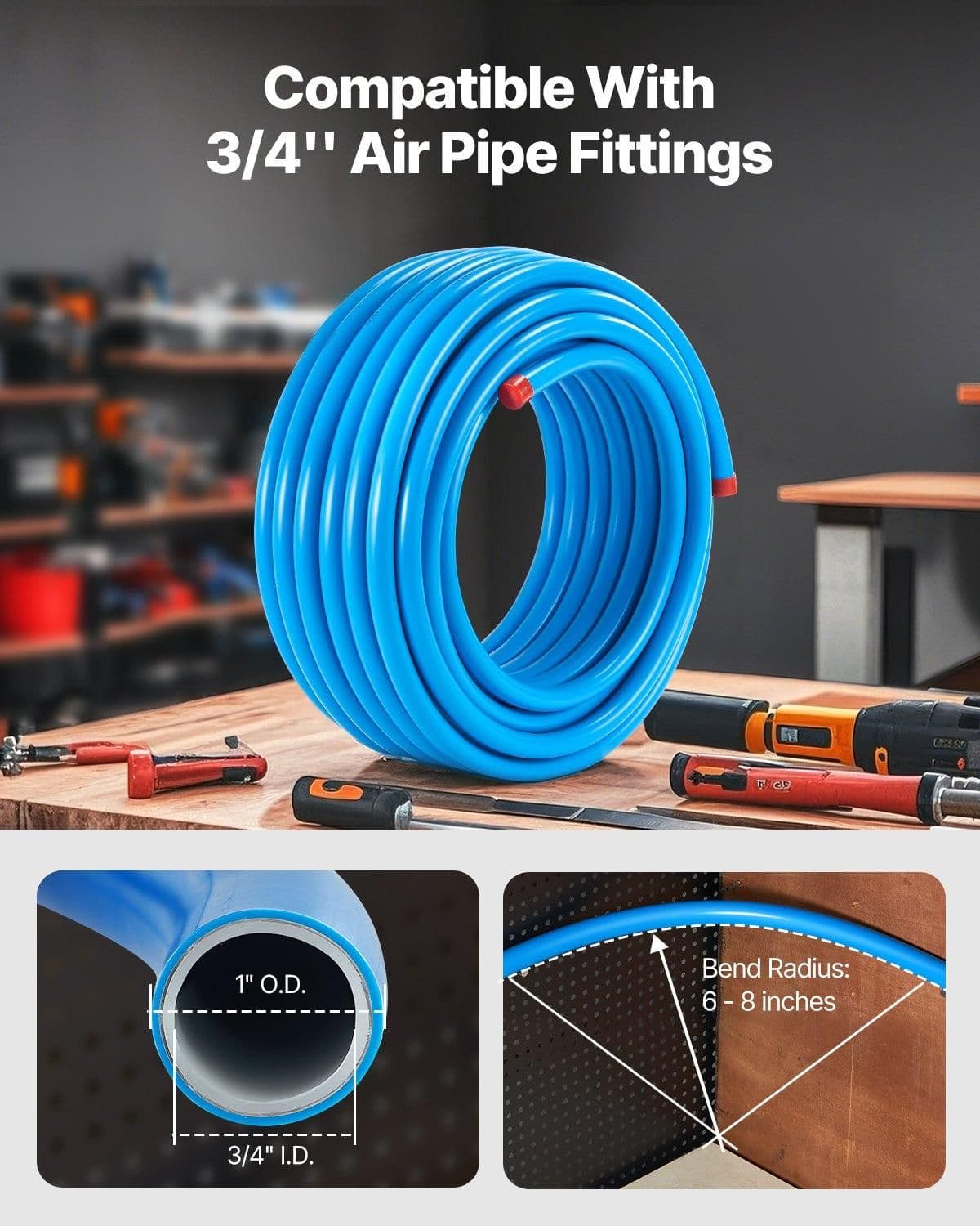 image-VEVOR Air Compressor Line Kit, 100FT x 3/4", HDPE-Aluminum Compressed Air Piping System, Leak-Proof, Pressure-Resistant & Easy-to-Install, Compressed Air Line Tubing Kit for Garages Workshops, Blue