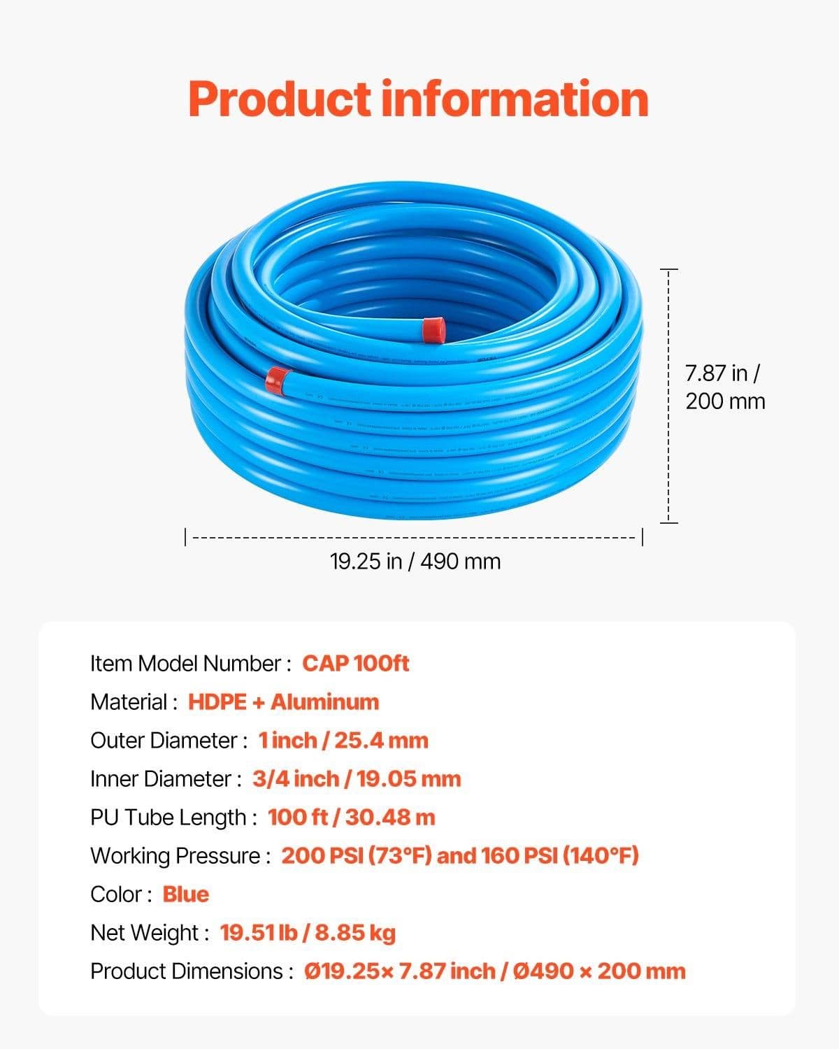 image-VEVOR Air Compressor Line Kit, 100FT x 3/4", HDPE-Aluminum Compressed Air Piping System, Leak-Proof, Pressure-Resistant & Easy-to-Install, Compressed Air Line Tubing Kit for Garages Workshops, Blue