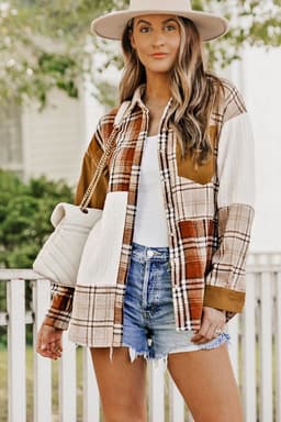 image-Plaid Color Block Patchwork Shirt Jacket - Orange, Sizes S-2XL