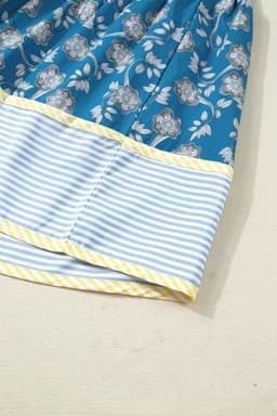image-Blue Plus Size Floral Print Striped Patchwork Detail Button Front Ruffle Hem Dress