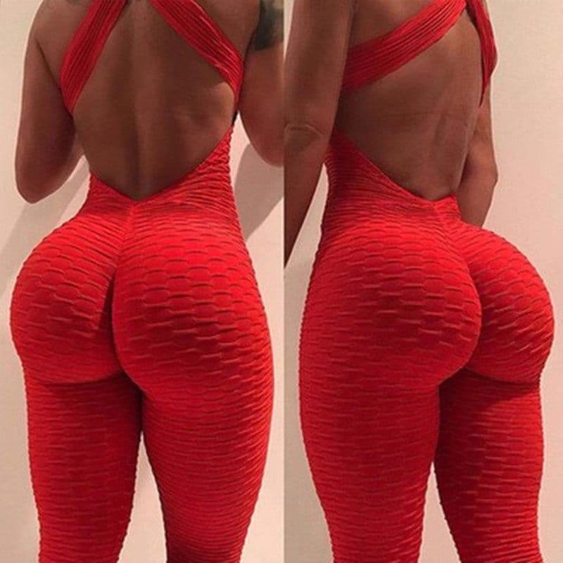 image-Spot Amazon sexy leaky back crossover jumpsuit jacquard bubble pants casual yoga fitness hip-lifting exercise
