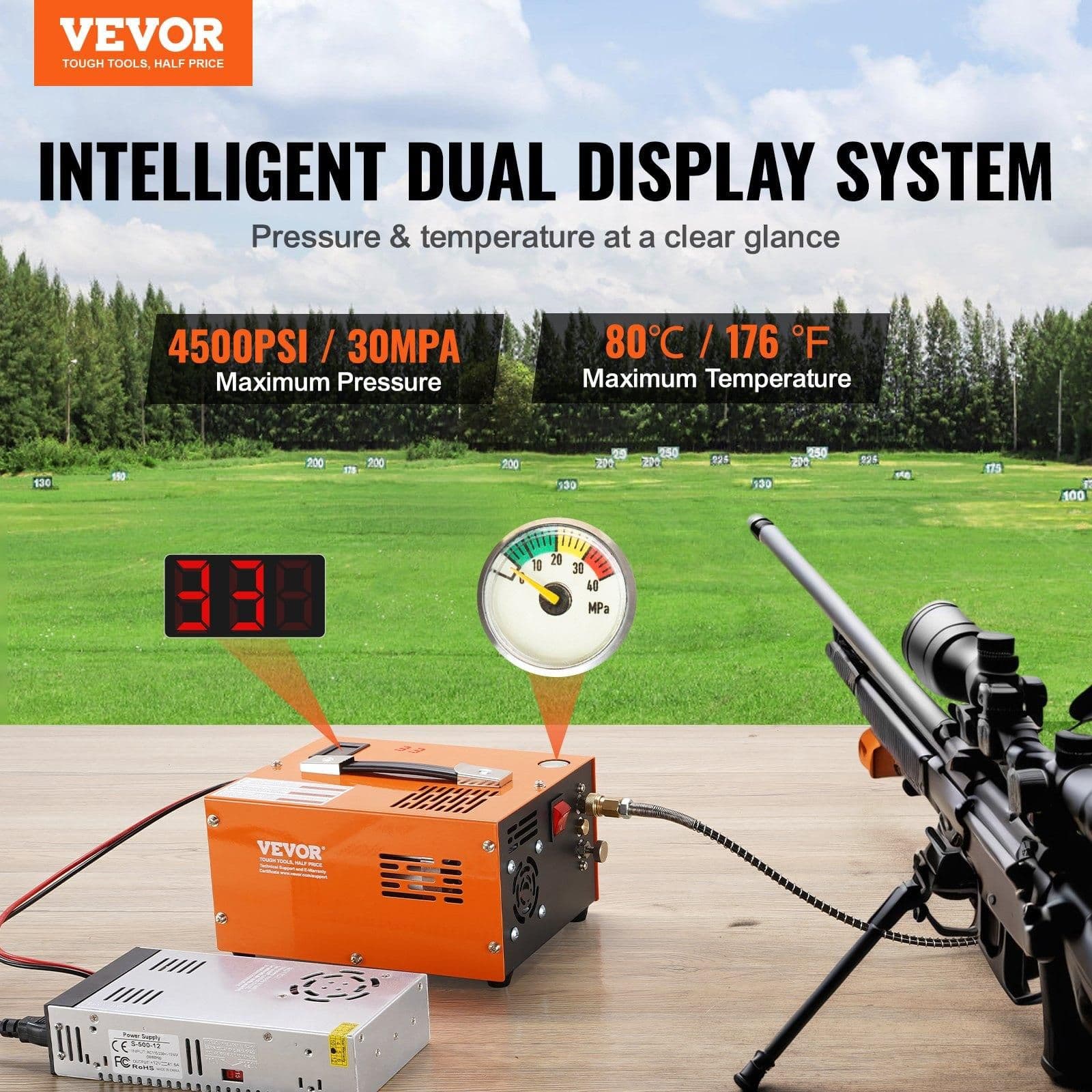 image-VEVOR PCP Air Compressor, 4500PSI/30Mpa Portable PCP Airgun Compressor with External Converter, DC12V, AC115V | Oil & Water-Free | Manual-Stop Air Rifle, Paintball and Scuba Tank Compressor Pump