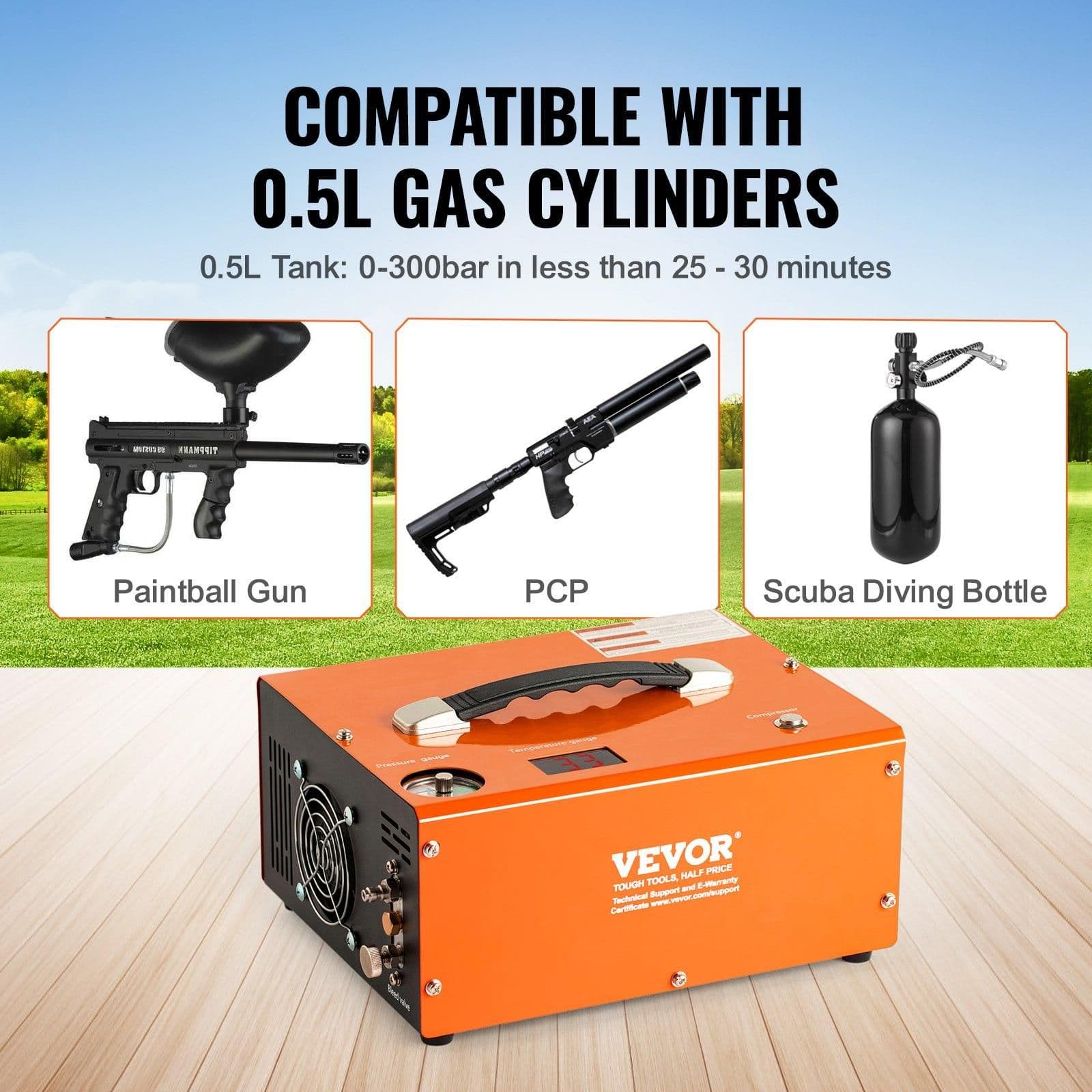 image-VEVOR PCP Air Compressor, 4500PSI/30Mpa Portable PCP Airgun Compressor with External Converter, DC12V, AC115V | Oil & Water-Free | Manual-Stop Air Rifle, Paintball and Scuba Tank Compressor Pump