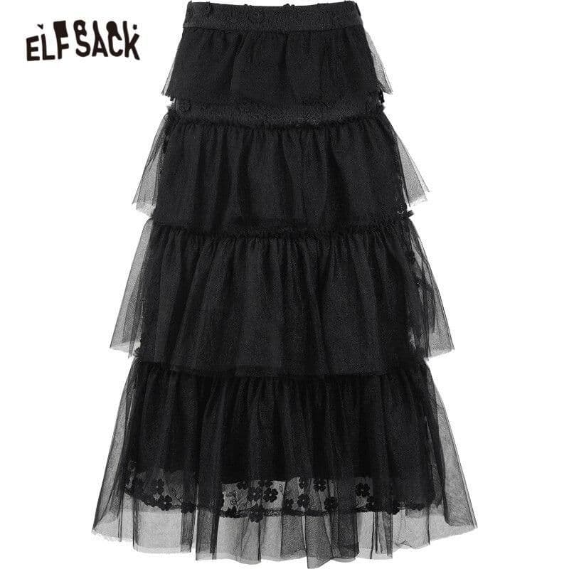 image-Solid Pure High Waist Casual Women Midi Mesh Skirts,Spring ELF Vintage