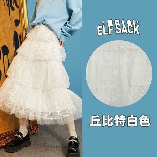 image-Solid Pure High Waist Casual Women Midi Mesh Skirts,Spring ELF Vintage
