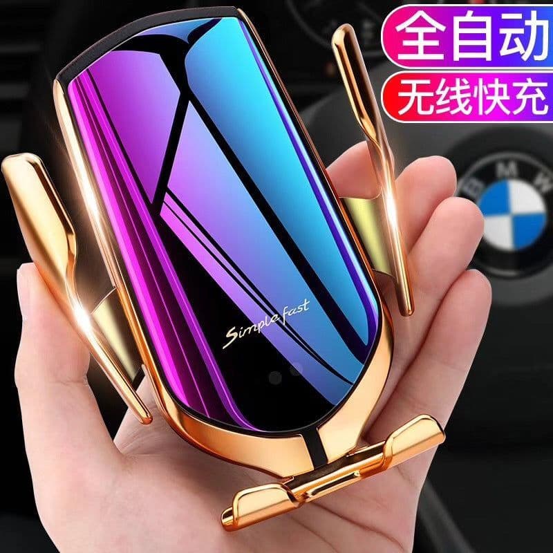image-New smart infrared induction electroplating car wireless charger Magic clip R1 automatic car holder wireless charger
