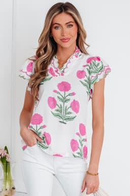 image-Blue Wild Flower Print Contrast Trim Scallop Detail Short Sleeve Blouse