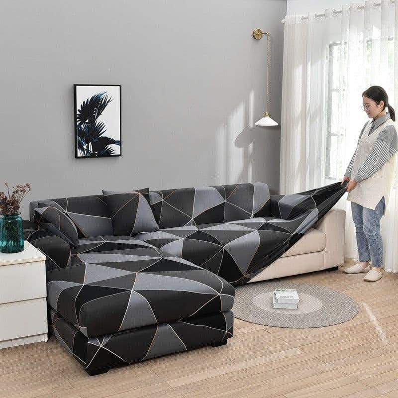 image-Cross-border sofa cover black square black and white gray printing sofa cover