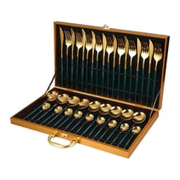 image-Stainless Steel Western Cutlery Cutlery Set Portugal Gold Plated Tableware Golden Wooden Box 36-piece Set Amazon Hot
