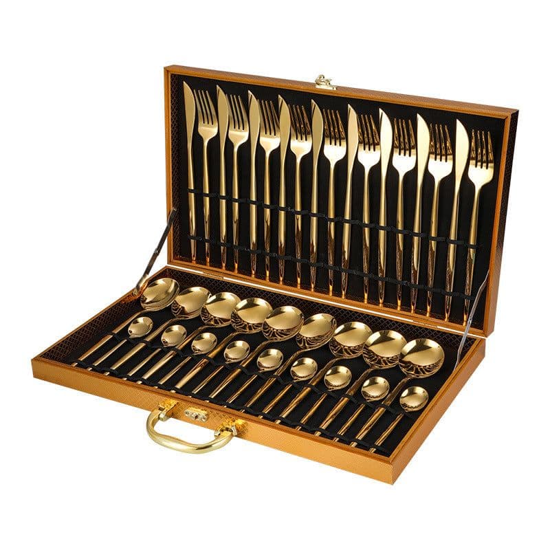 image-Stainless Steel Western Cutlery Cutlery Set Portugal Gold Plated Tableware Golden Wooden Box 36-piece Set Amazon Hot