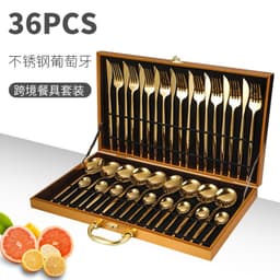 image-Stainless Steel Western Cutlery Cutlery Set Portugal Gold Plated Tableware Golden Wooden Box 36-piece Set Amazon Hot